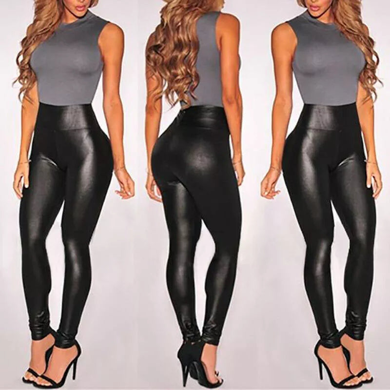 Ladies High Waist Leather Look Leggings-Medium