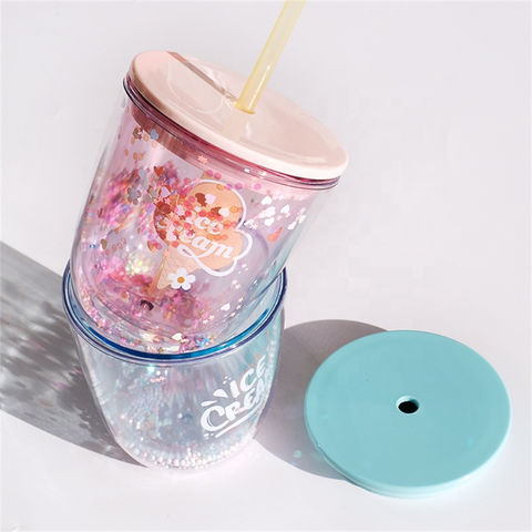 350ml Ice cream Double Wall Plastic Cup With Foam Ball inside and Straw