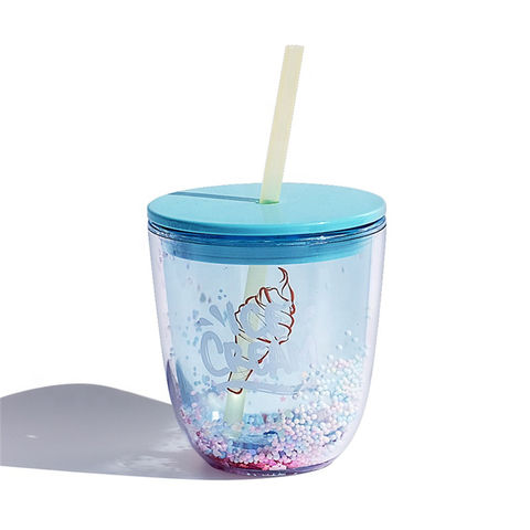 350ml Ice cream Double Wall Plastic Cup With Foam Ball inside and Straw