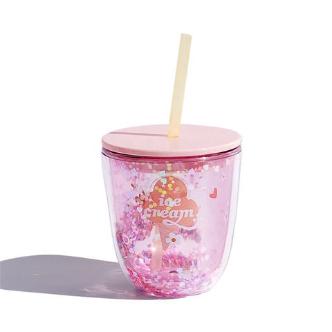 350ml Ice cream Double Wall Plastic Cup With Foam Ball inside and Straw