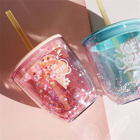 350ml Ice cream Double Wall Plastic Cup With Foam Ball inside and Straw