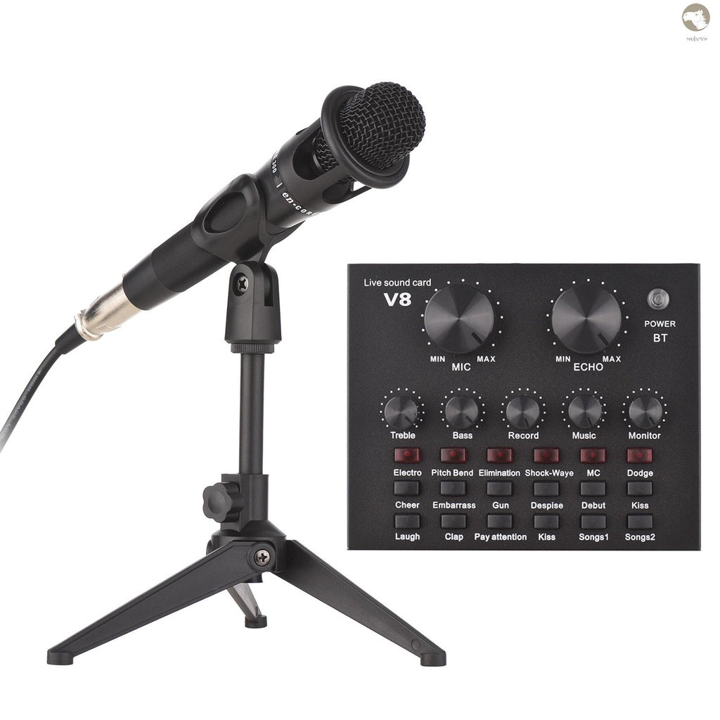 V8 External Live Sound Card Microphone Set Mini Sound Mixer Board for Live Streaming Karaoke Singing Music Recording with 12 Funny Sound