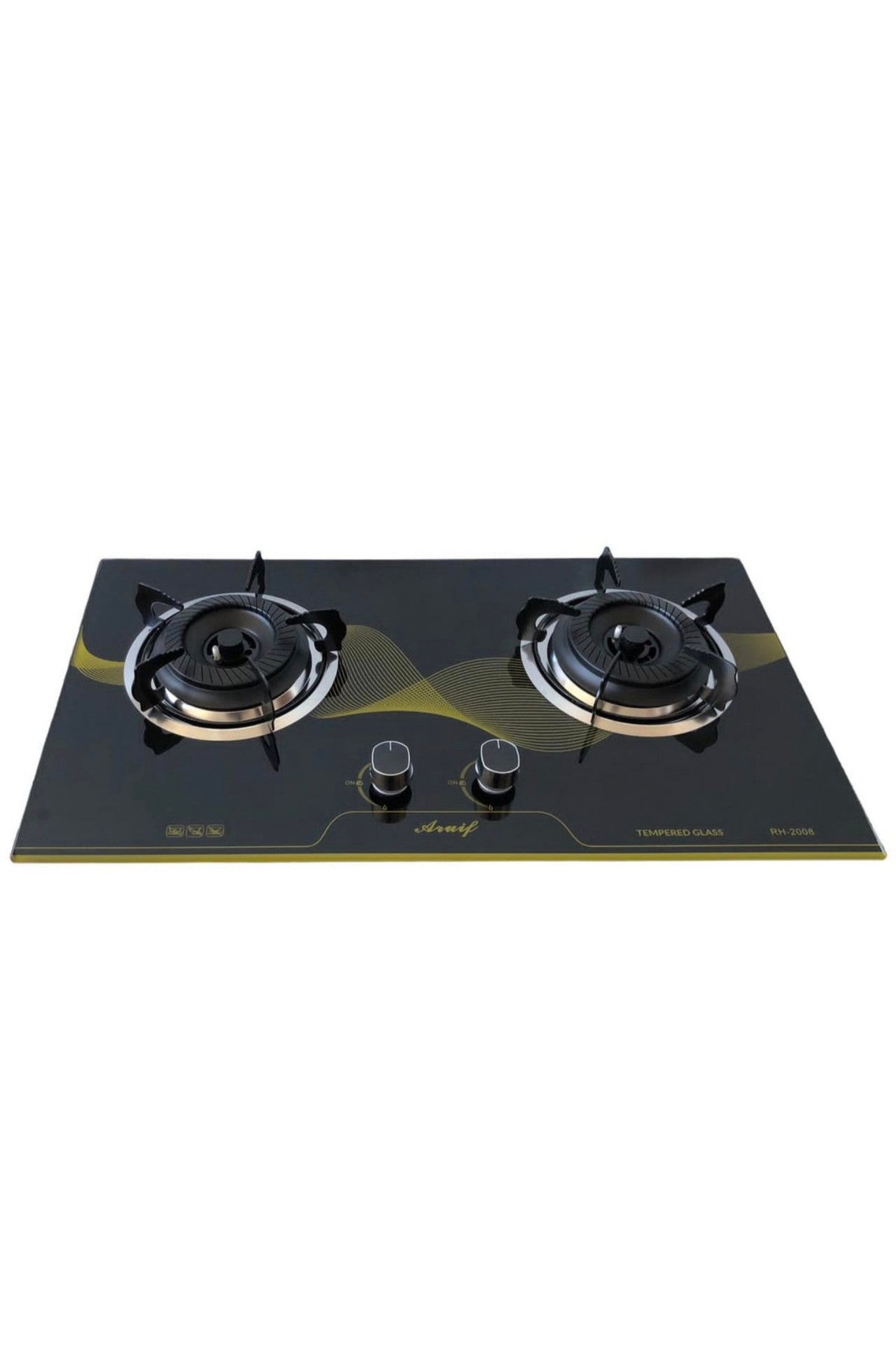 ARUIF Two-Burner Auto-Ignition Tempered Glass Panel Gas Stove + Free Hose, Battery & Regulator Model RH-2008