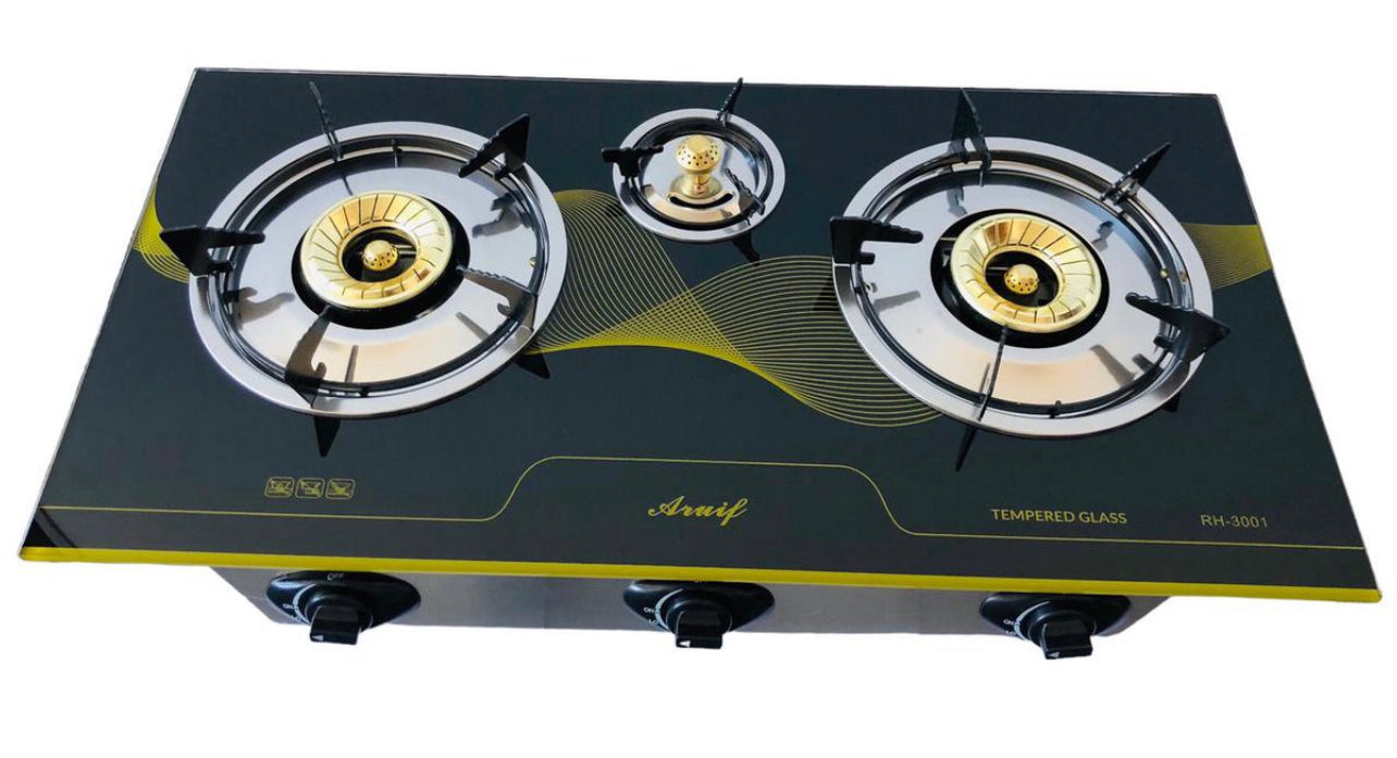 3-Burner Tempered Glass Panel Gas Stove with Heat Distribution Plate