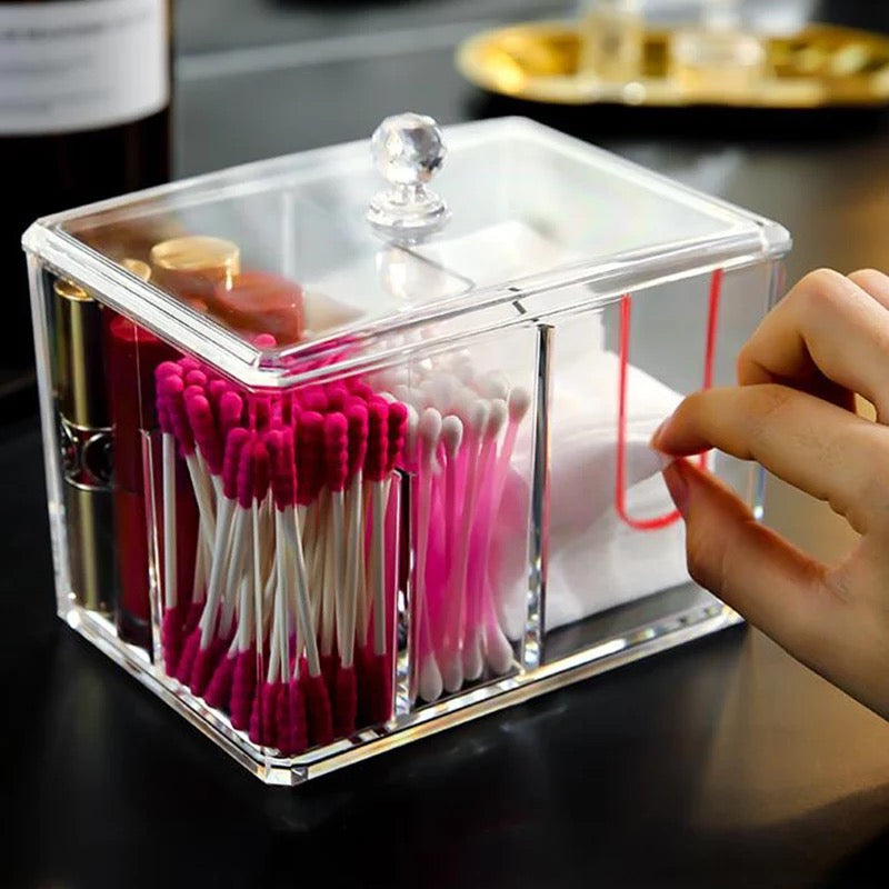 Cosmetic Storage Box Makeup Organizer Cotton Swab Storage Cotton Pads Holder Clear Lipstick Storage Plastic Box 4 Grid Diamond