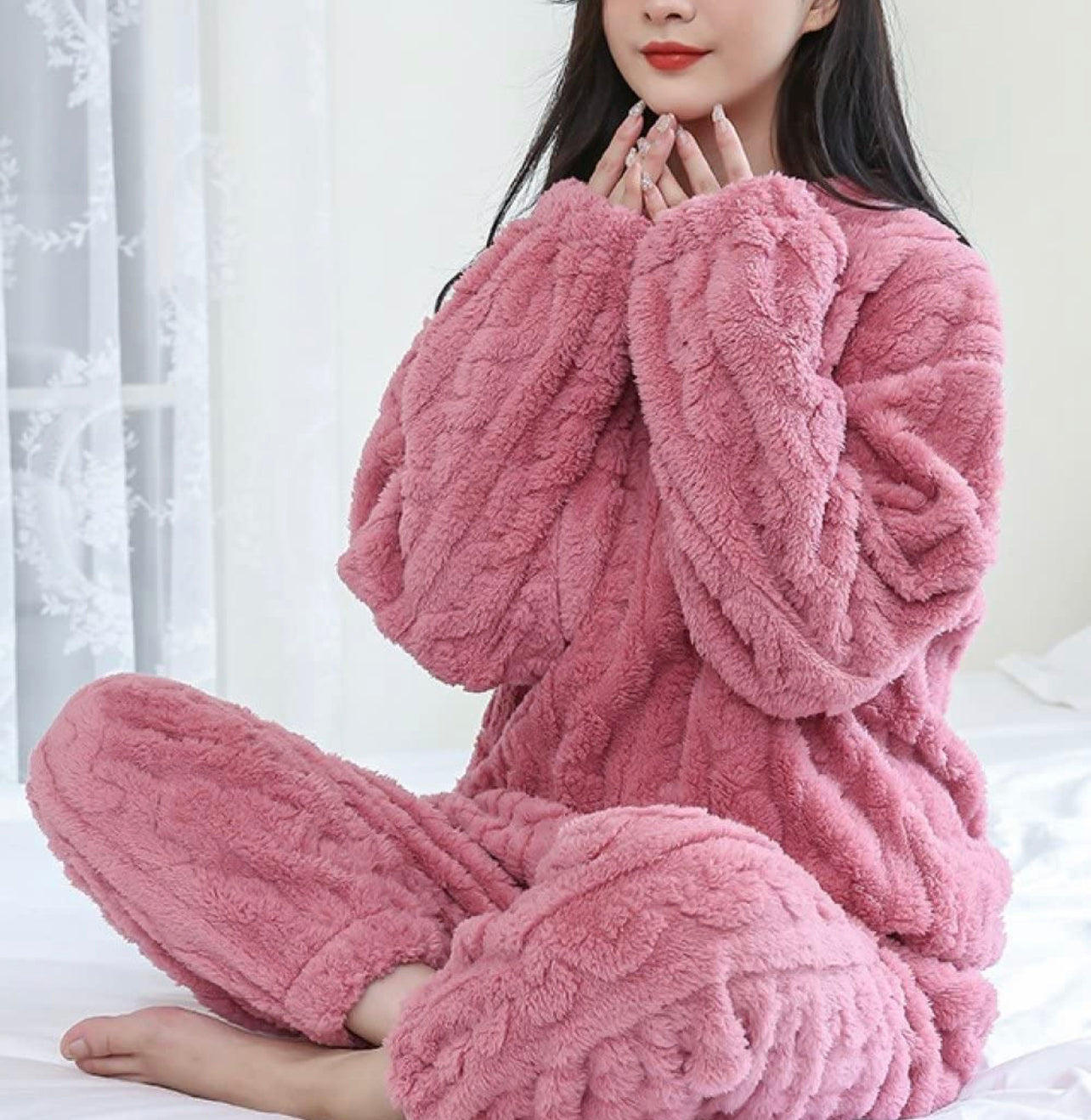 Womens Pyjamas, Dark Pink Warm Fleece Pyjamas Women Winter Pyjamas Set Flannel Crew Neck Pullover Nightwear Long Sleeve Top Bottoms Comfy Thermal Homewear