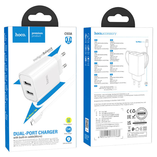 Wall charger “C103A Courser” EU dual-port with built-in cable