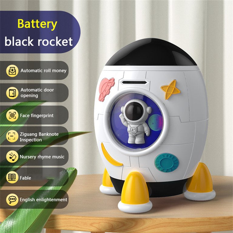 Piggy Bank,Electronic Rocket Piggy Bank for Kids Mini ATM Electronic Coin & Bills Bank Saving Box, Password Fingerprint Face Protected Money Lock Case with Sound Effects, Money Safe Toy Gift for Girls