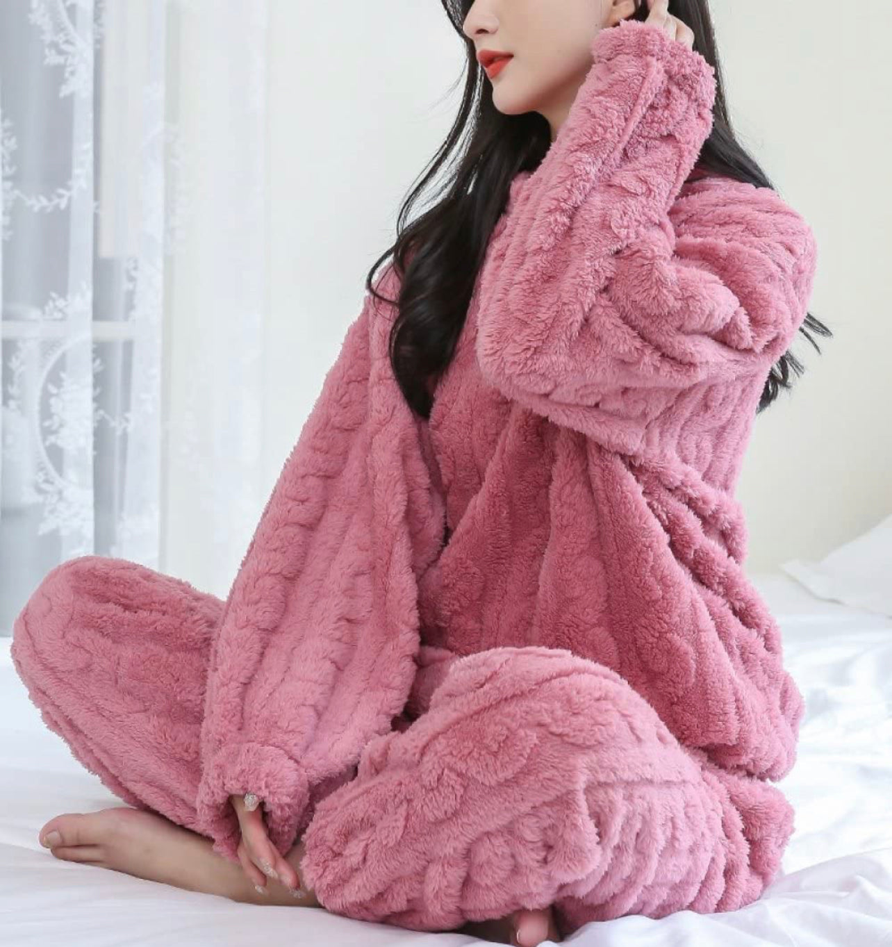 Womens Pyjamas, Dark Pink Warm Fleece Pyjamas Women Winter Pyjamas Set Flannel Crew Neck Pullover Nightwear Long Sleeve Top Bottoms Comfy Thermal Homewear