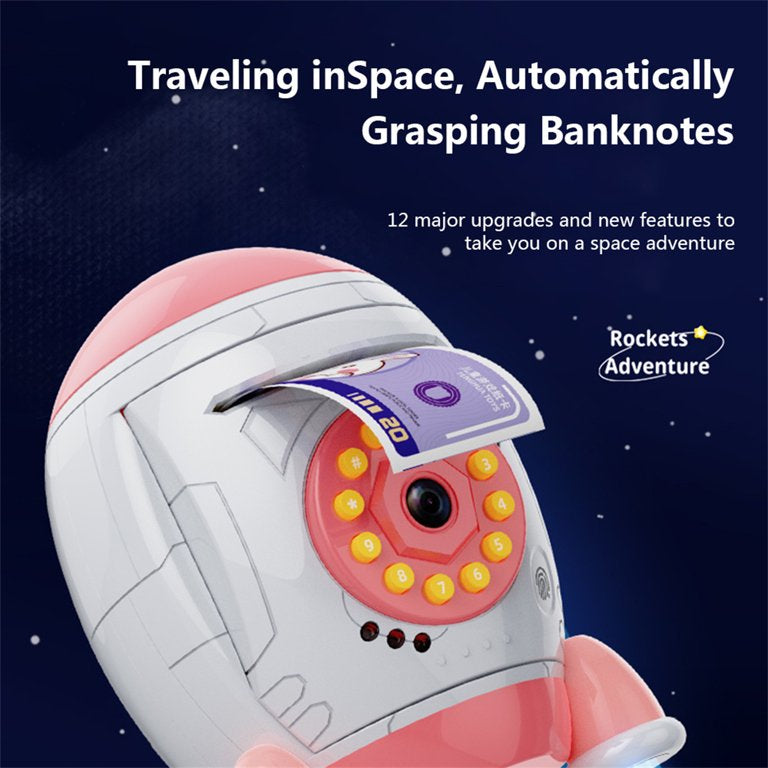 Piggy Bank,Electronic Rocket Piggy Bank for Kids Mini ATM Electronic Coin & Bills Bank Saving Box, Password Fingerprint Face Protected Money Lock Case with Sound Effects, Money Safe Toy Gift for Girls