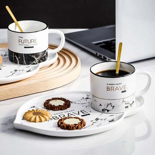 European Style Ceramic Coffee Cup And Plate Set Creative Leaf Shaped Plate Simple Mug Dessert