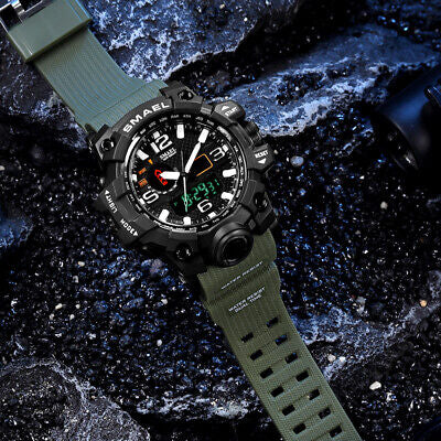 SMAEL Men Millitary GREEN Sport Watch | 50m | Waterproof | Analog & Digital Sport Watch | Multifunction Dual Time Display Casual Male Chronograph Quartz Business Wrist Watch | PU Strap