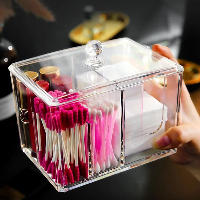 Cosmetic Storage Box Makeup Organizer Cotton Swab Storage Cotton Pads Holder Clear Lipstick Storage Plastic Box 4 Grid Diamond