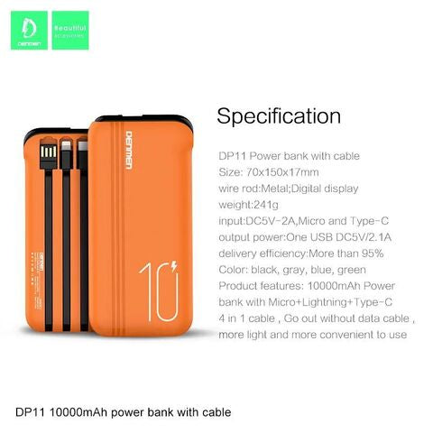 DENMEN POWER BANK DP11 2USB 2.1A WITH CABLE 10000MAH