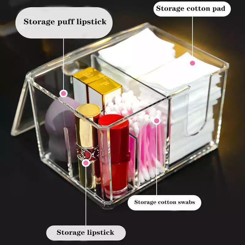 Cosmetic Storage Box Makeup Organizer Cotton Swab Storage Cotton Pads Holder Clear Lipstick Storage Plastic Box 4 Grid Diamond