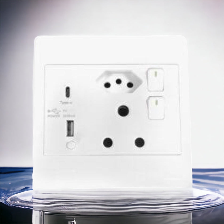 Electrical Switched Socket 15amp - Euro+USB+Type C