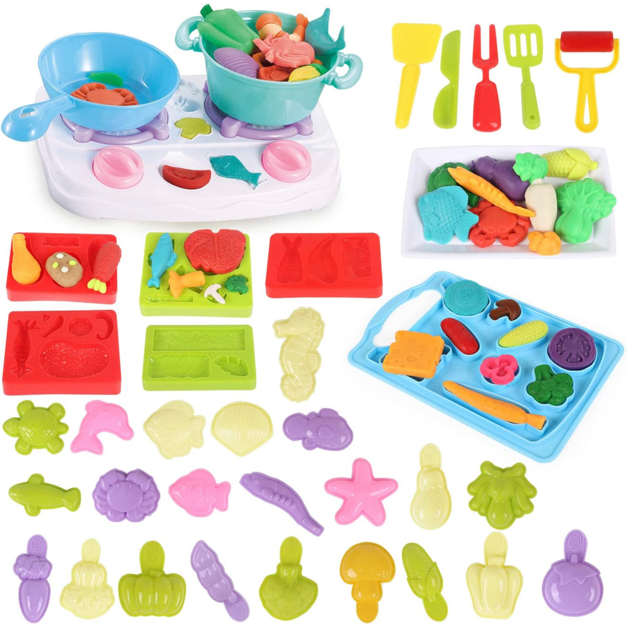 Clay tools with different colors and unique designs, including a variety of vegetables, fruits and other patterns of molds and ...