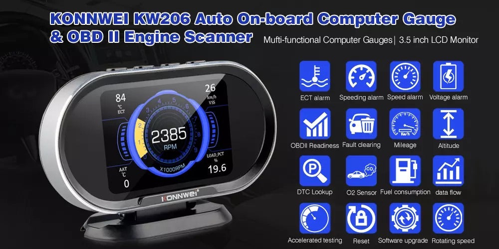 Konnwei KW206 Auto Onboard Computer Gauge and OBII Engine Scanner