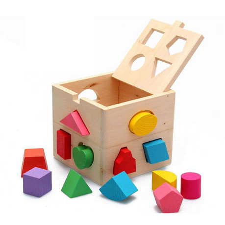 Wooden Cube Educational Toy Box with 13 Colorful Shapes