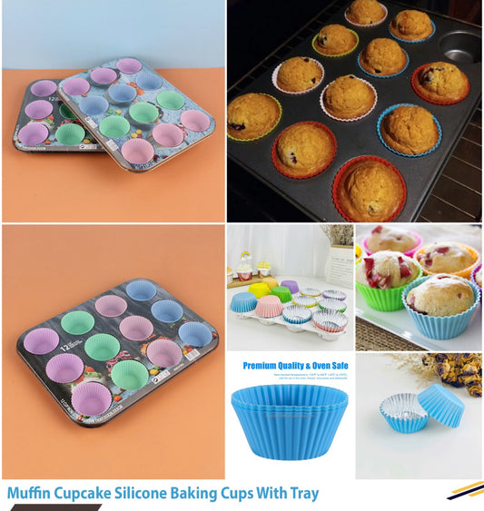 Muffin Cupcake Silicone Baking Cups With Tray 12pc