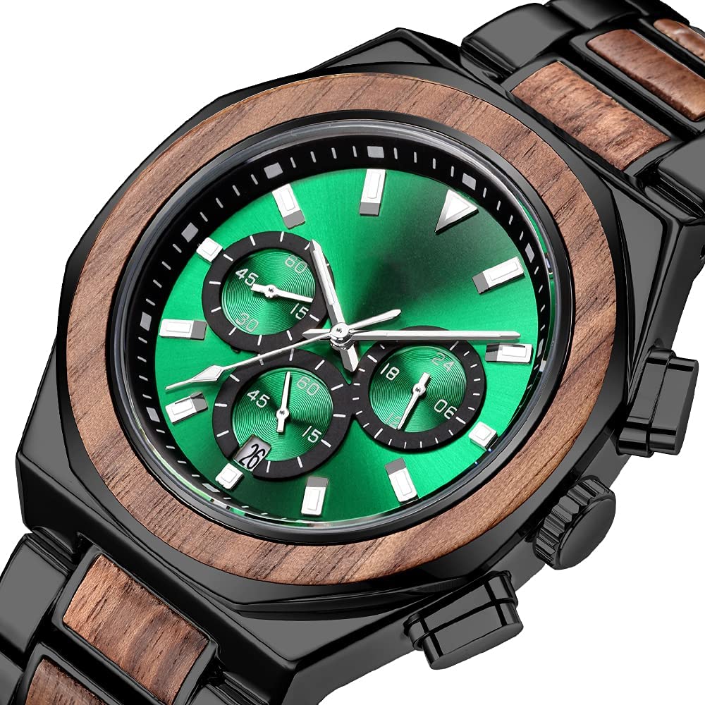 Men's Wooden Watch Quartz Movement with 3 Sub-dial Date Display Wood & Stainless Steel