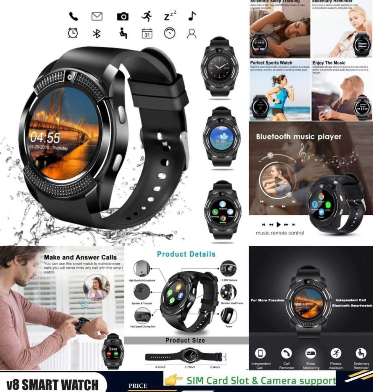 V8 Smartwatch Bluetooth Smart Watch Touch Screen Wrist Watch