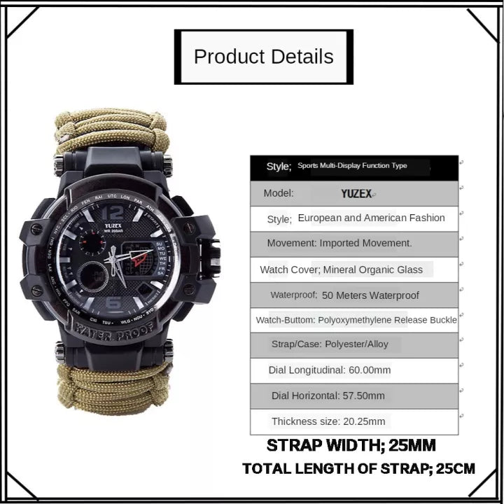 Men Outdoor Survival Military Watch Fashion Multifunctional Compass Waterproof LED Quartz