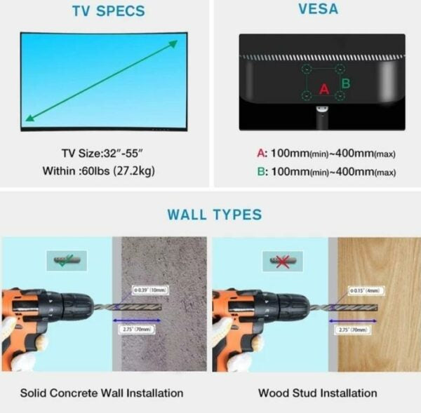 Wall TV Tilt Bracket 6 Way 14 to 55 Inch