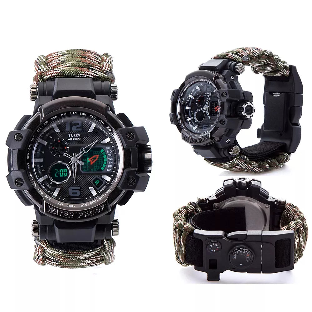 Men Outdoor Survival Military Watch Fashion Multifunctional Compass Waterproof LED Quartz