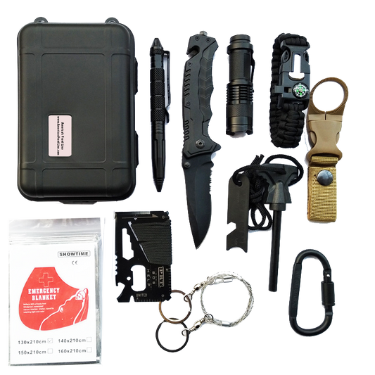 Front Line Survival Tool Kits 12-in-1 Emergency Tools, Rock Climbing Gear, Emergency Blankets, Survival Bracelet, Tactical Pen, Tactical Flashlight