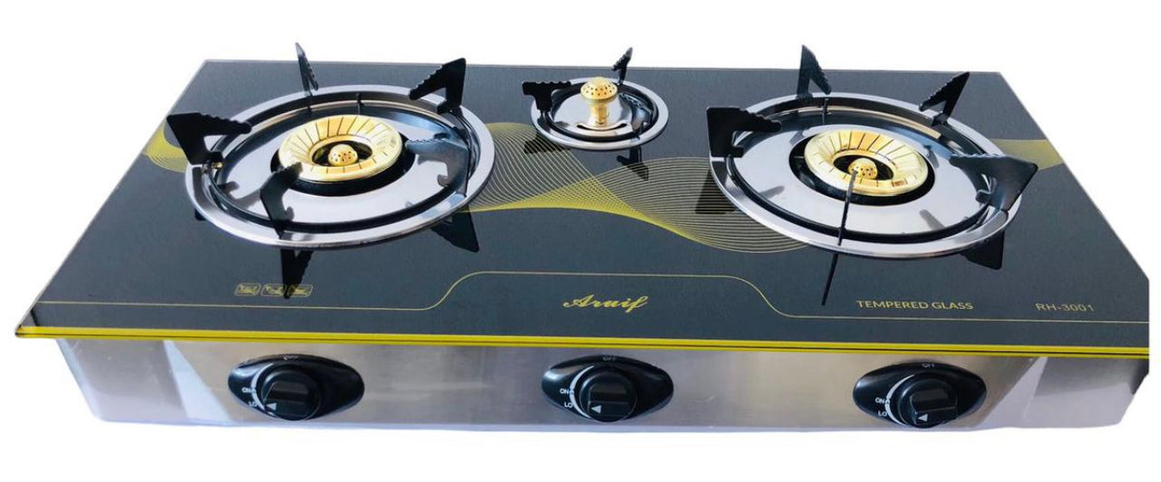 3-Burner Tempered Glass Panel Gas Stove with Heat Distribution Plate