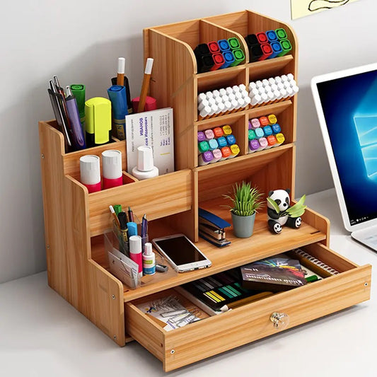 Wooden Desk Organizer Storage Box Modern Student Desktop Pen Rack Office Supplies Multi-functional Large-capacity Creative