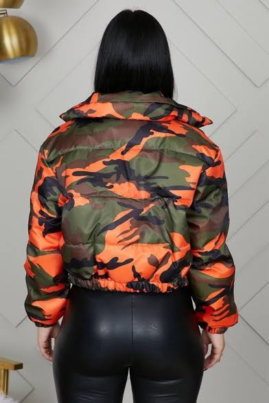 High Collar Full Sleeve Zipper Camouflage Bomber Jacket