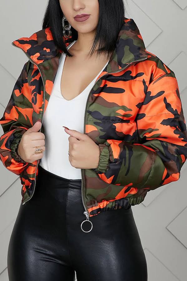 High Collar Full Sleeve Zipper Camouflage Bomber Jacket