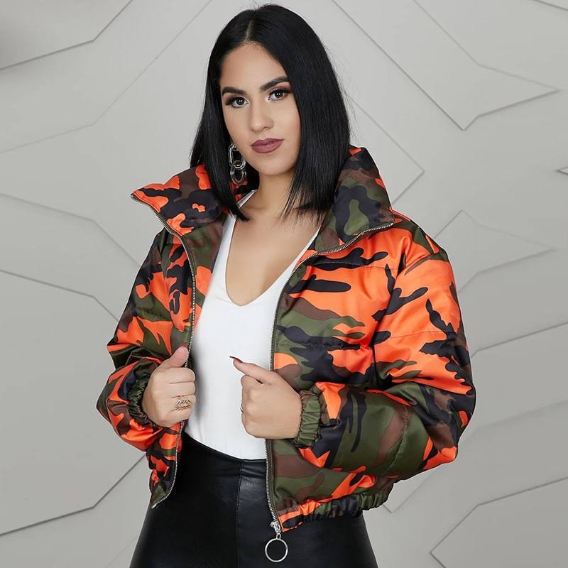 High Collar Full Sleeve Zipper Camouflage Bomber Jacket