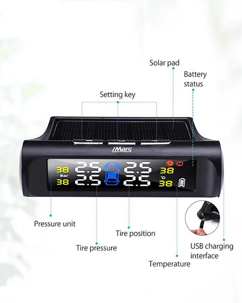 TPMS Solar Power Tire Pressure Monitor System Universal Tester Wireless LCD Display with 4 External