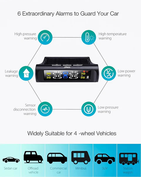 TPMS Solar Power Tire Pressure Monitor System Universal Tester Wireless LCD Display with 4 External