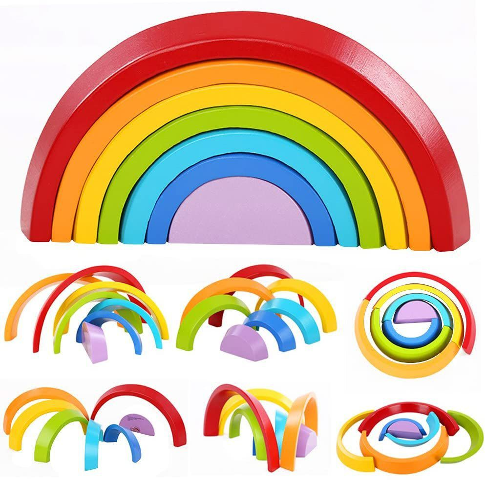 Wooden Rainbow Stacking Toy Geometry Building Blocks for Kids