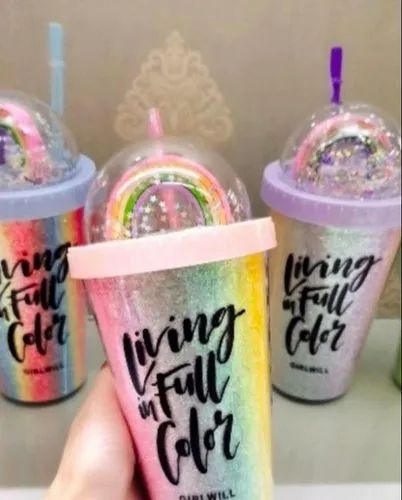 380ml Rainbow Plastic Water Cup With Straw