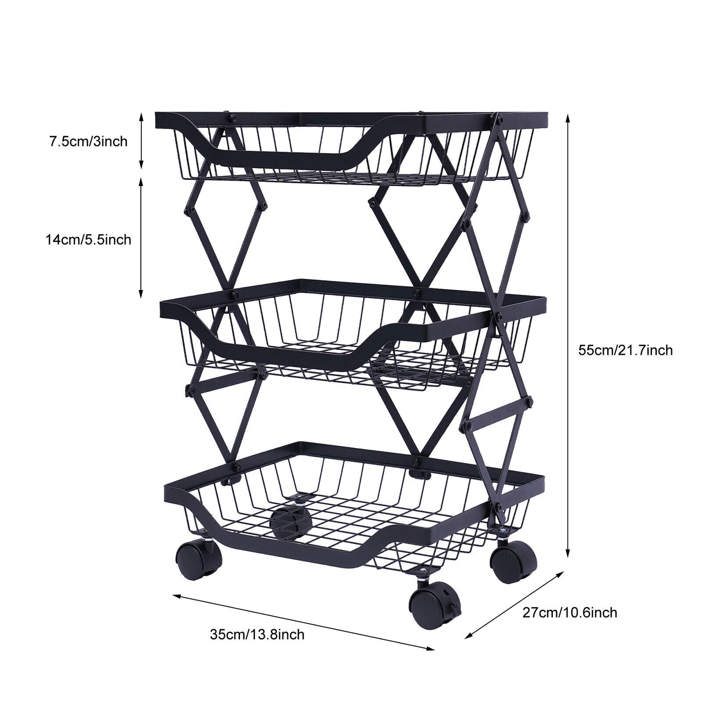 Stackable Fruit Vegetable Kitchen Basket Rack Storage 3 Tier Rolling Cart