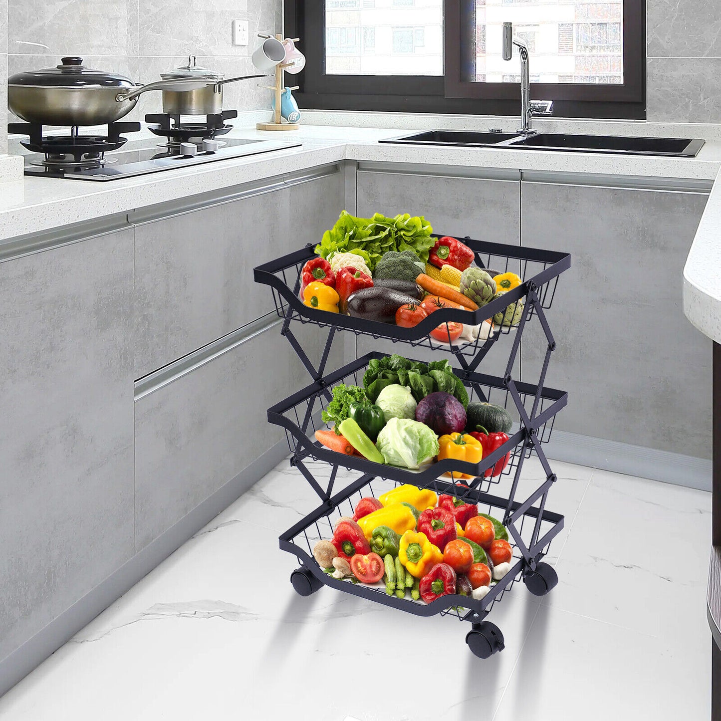 Stackable Fruit Vegetable Kitchen Basket Rack Storage 3 Tier Rolling Cart