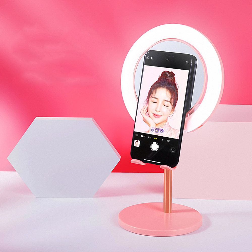 LED Ring Light Desktop Makeup Lighting with  Mirror and Cellphone Holder -White