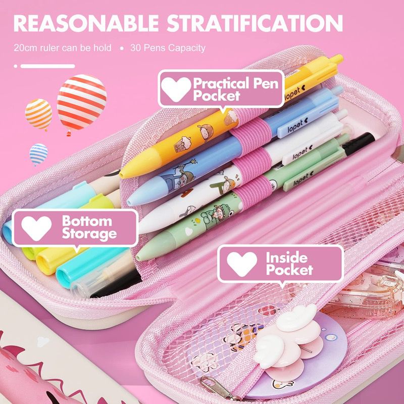 3D Cute Pencil Case For Kids 3 Compartments - Pink